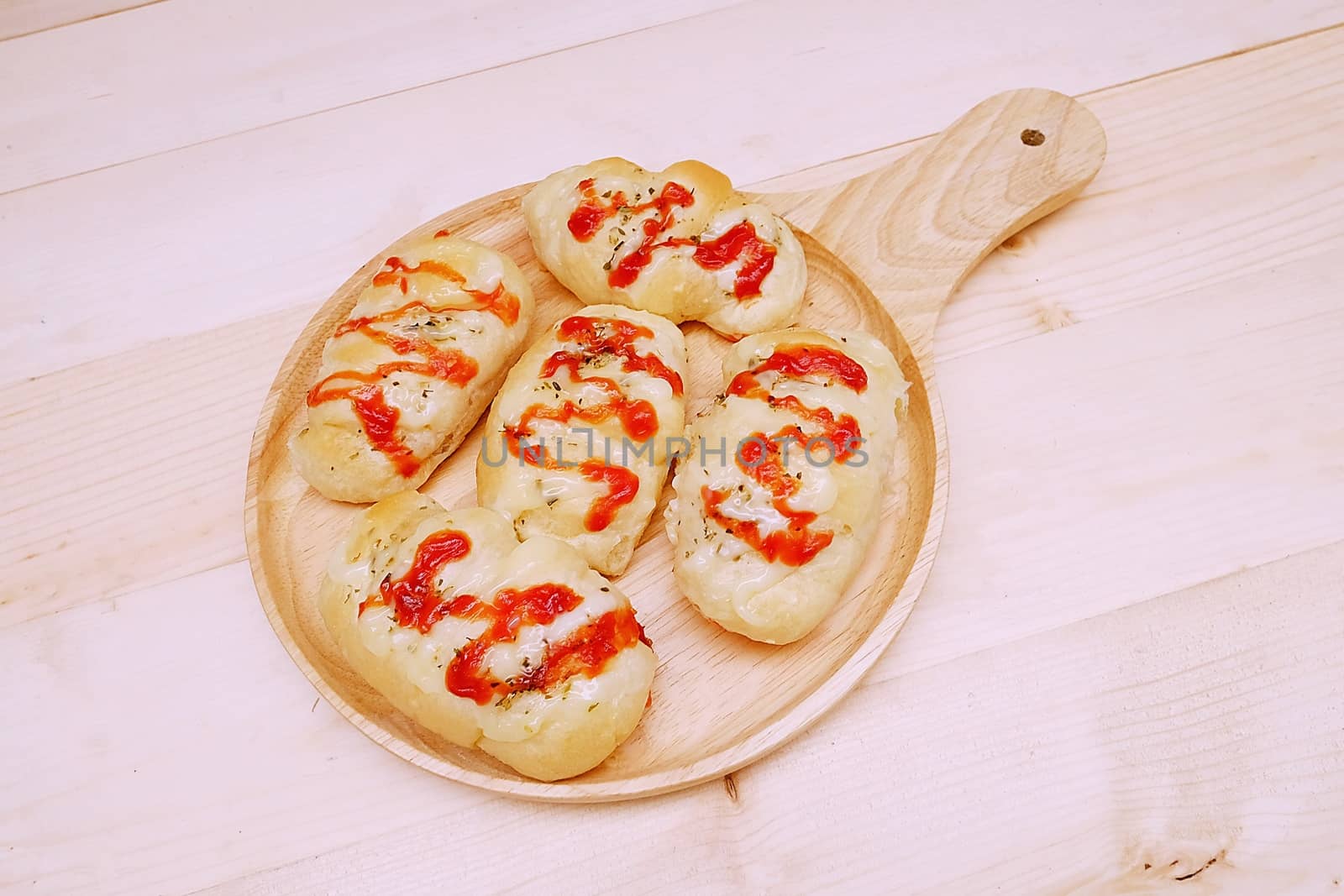 Sausage Bread with Tomato Sauce in Dish wood by aonip