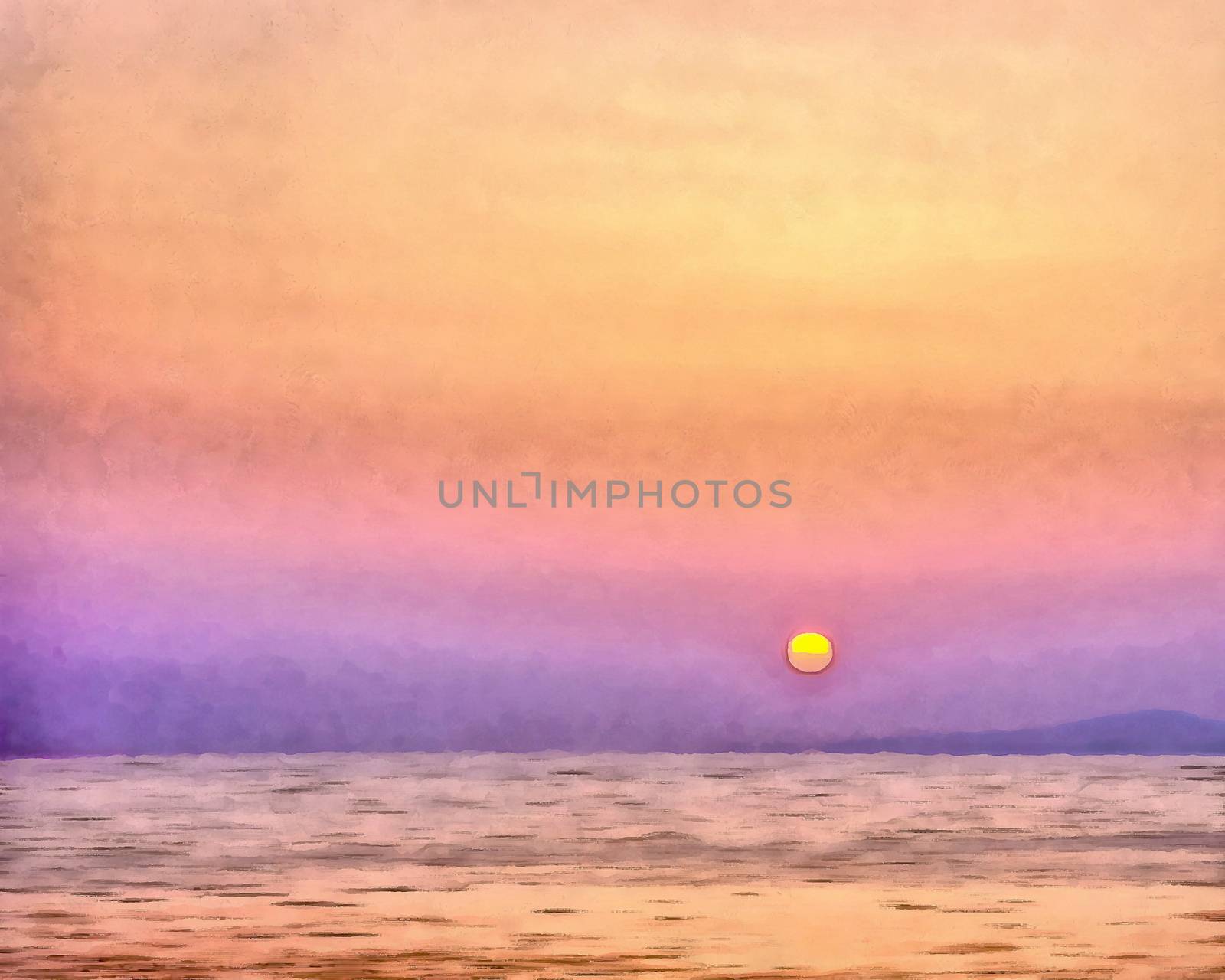 Digital watercolor painting of a sunset on Sithonia (Longos), middle-south part on Chalkidiki peninsula in Greece.