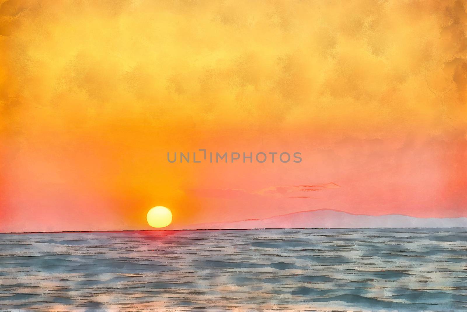 Digital watercolor painting of a sunset on Sithonia (Longos), middle-south part on Chalkidiki peninsula in Greece.