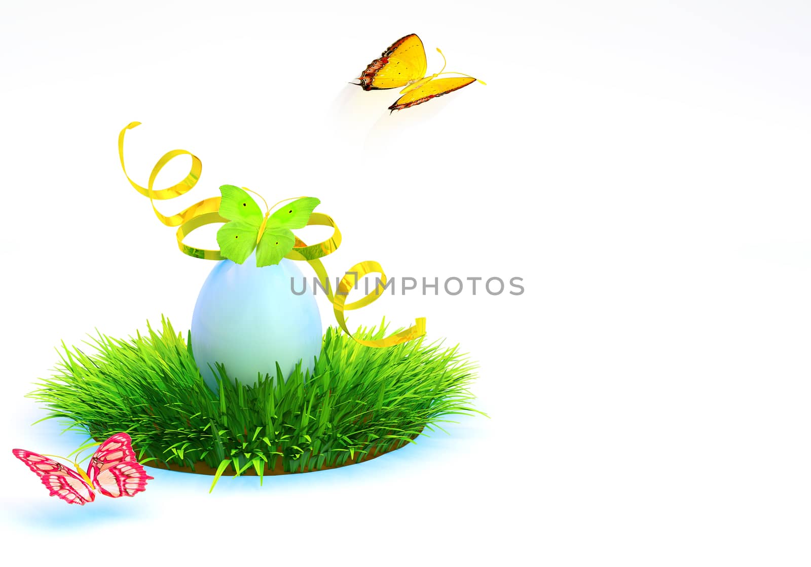Easter egg with a bow on the grass, and around fluttering butterflies. 3d rendering.