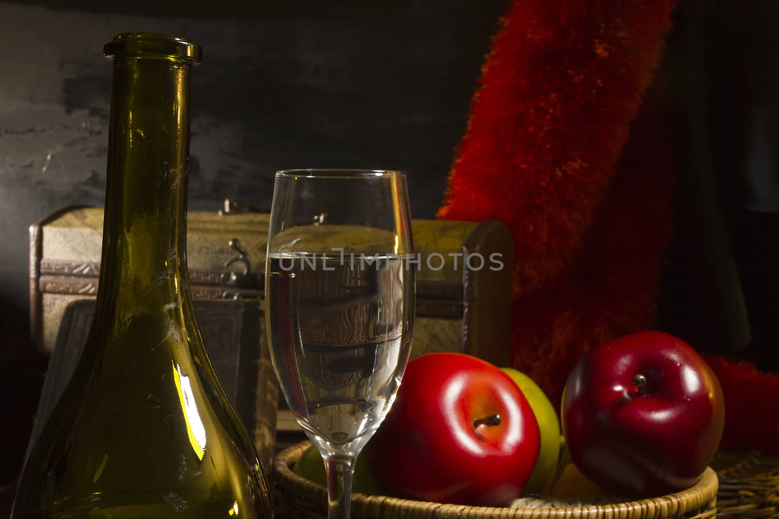 Vintage still life with wine and apples