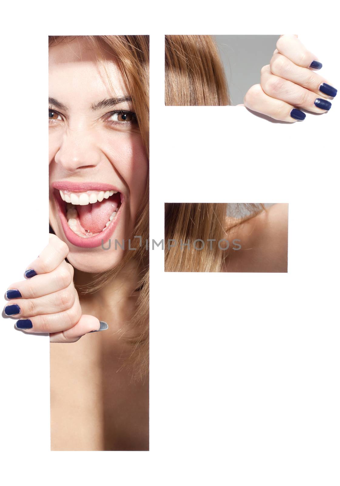 girl hiding behind and holding the letter "F"