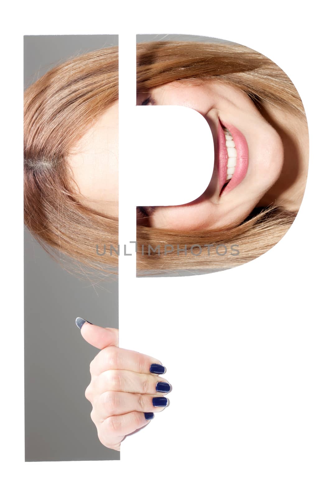 girl hiding behind and holding the letter "P"