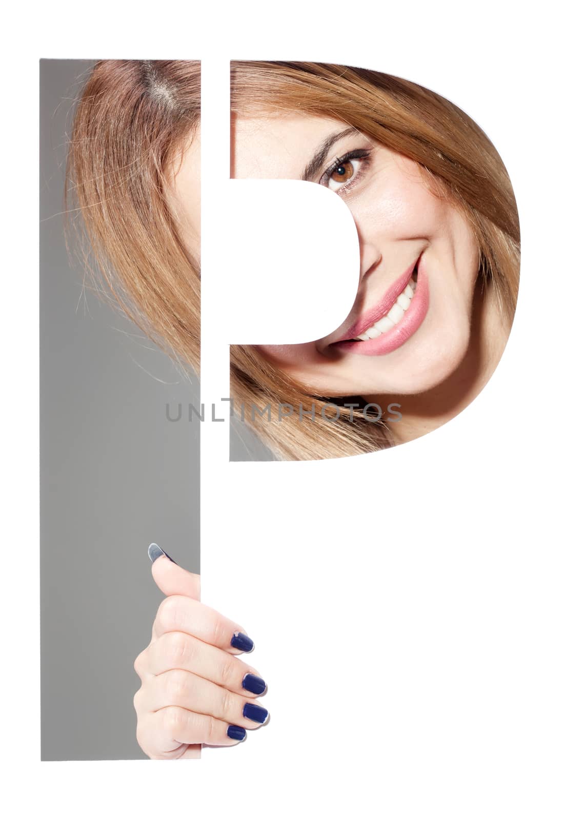 girl hiding behind and holding the letter "P"