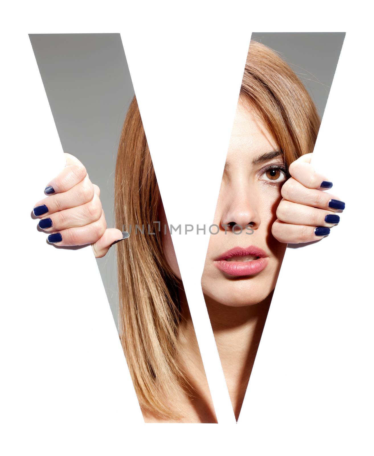 girl hiding behind and holding the letter "V"