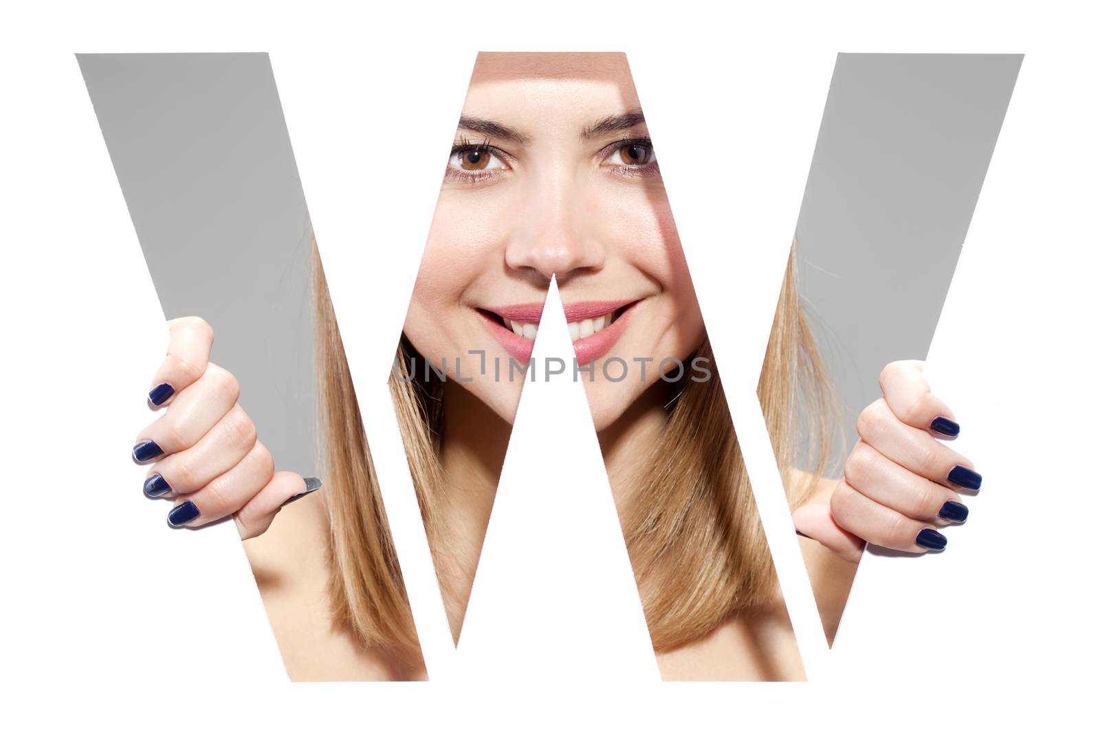 girl hiding behind and holding the letter "W"