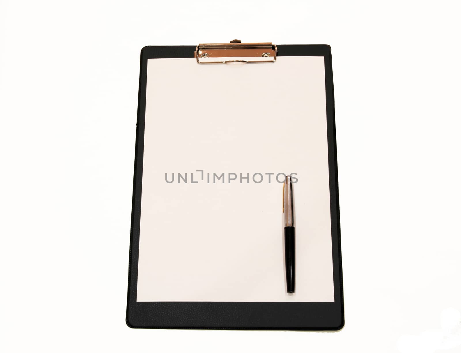 A white sheet of paper with a pen mounted on a black folder