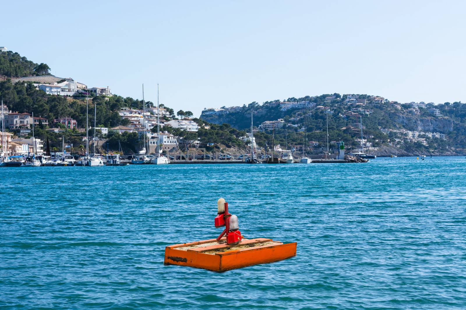 Pontoon, floating platform in the bay of Port Andratx Mallorca Baleares Spain.