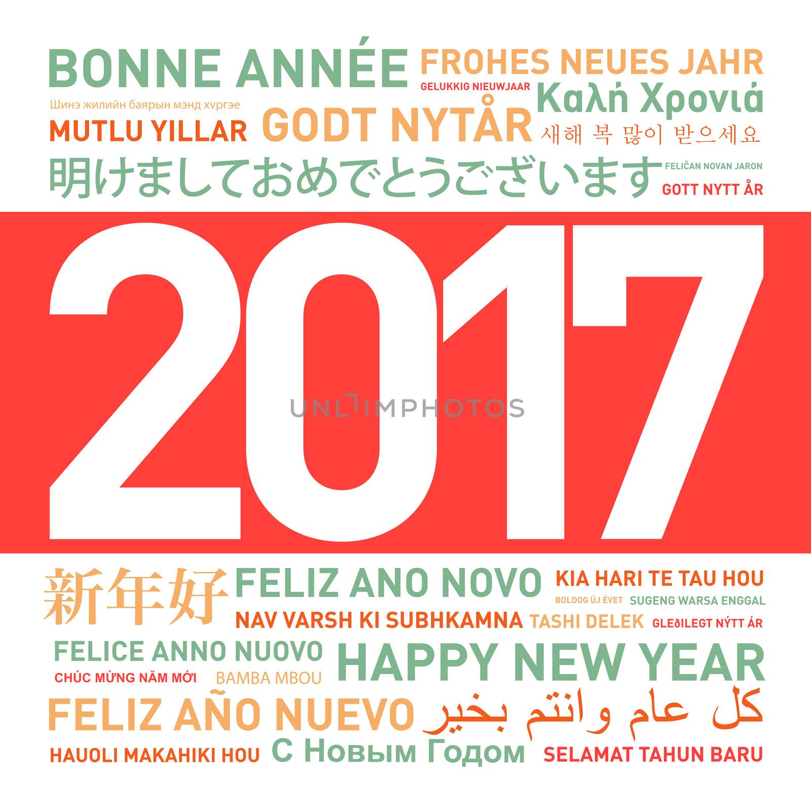 Happy new year from the world. Different languages celebration card