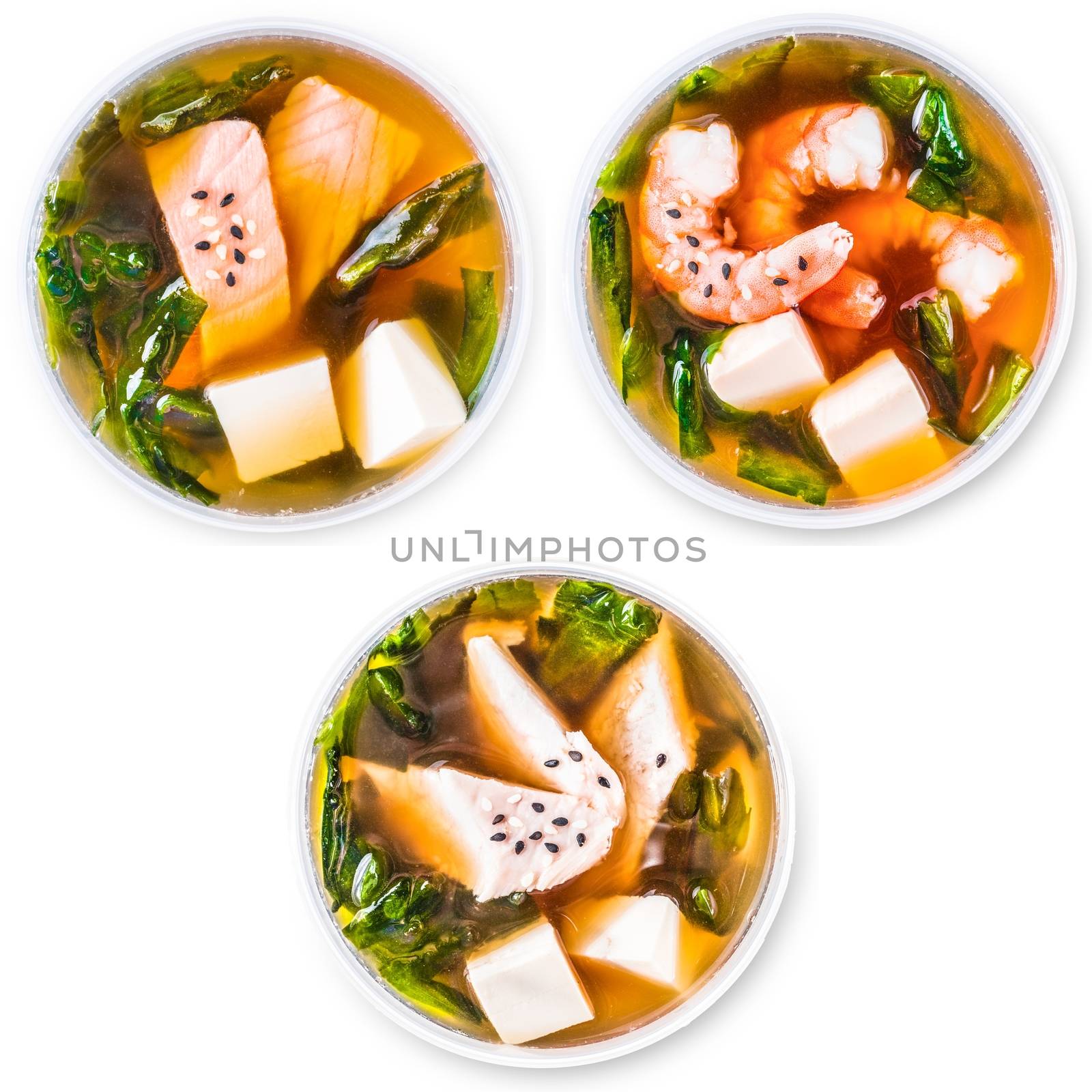Set of japanese miso soup, isolated at white. Top view, flat lay. Miso soup with salmon, seafood and chicken