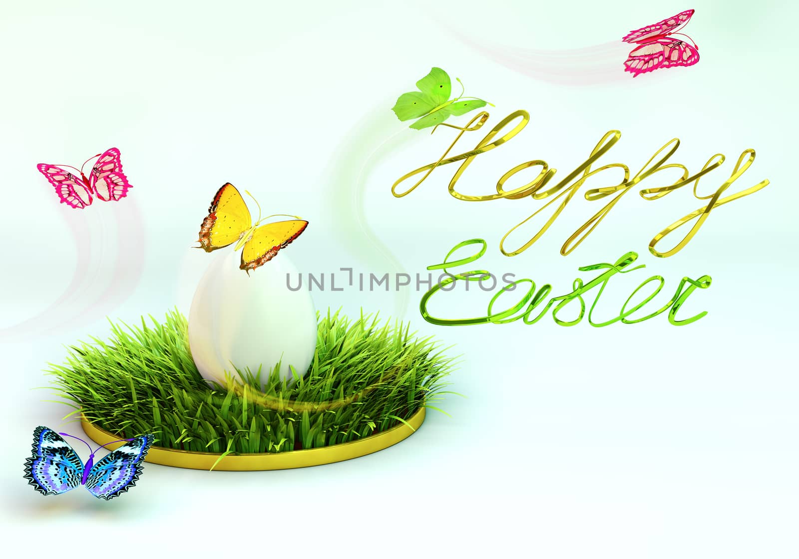 Easter egg with a bow on the grass, and around fluttering butterflies. 3d rendering.