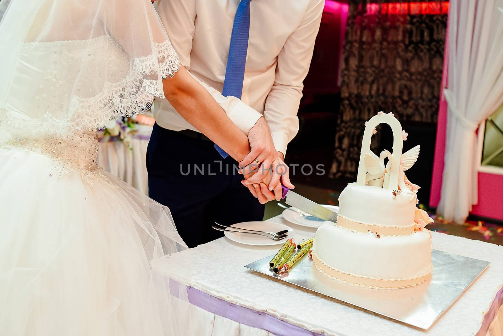 Bride and groom cut white two-tier wedding cake