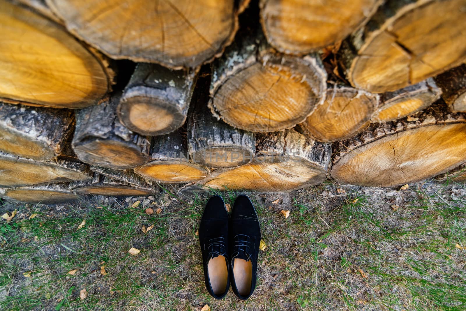 Groom shoes on the grass under a pile of logs by d_duda