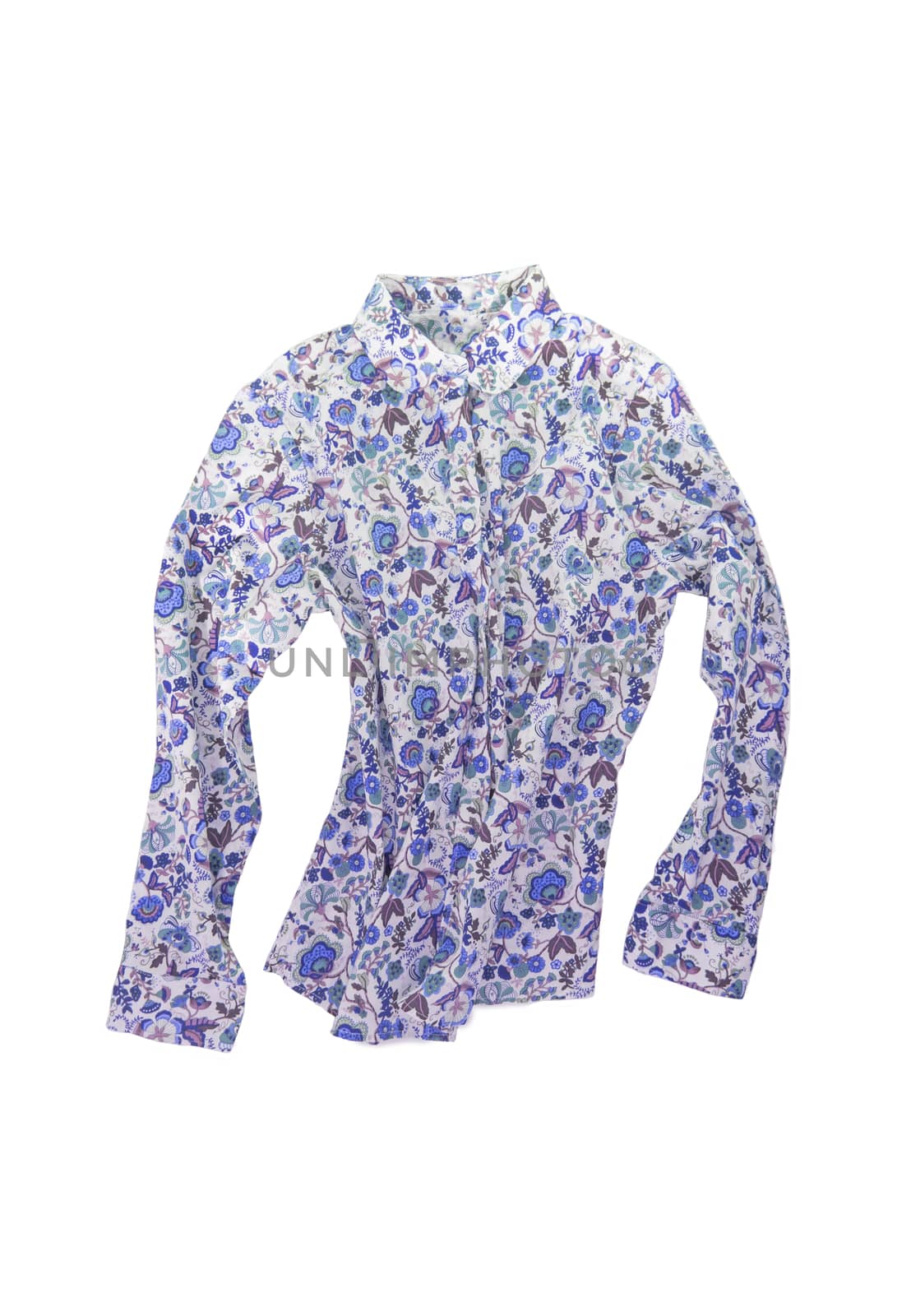 Female shirt, blouse with bright floral pattern, isolated on white background.