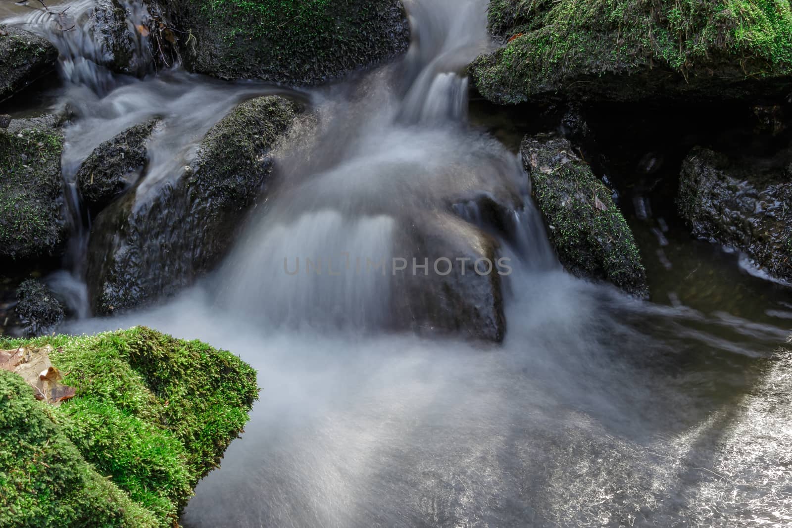 blurred view of a mountain stream between stones