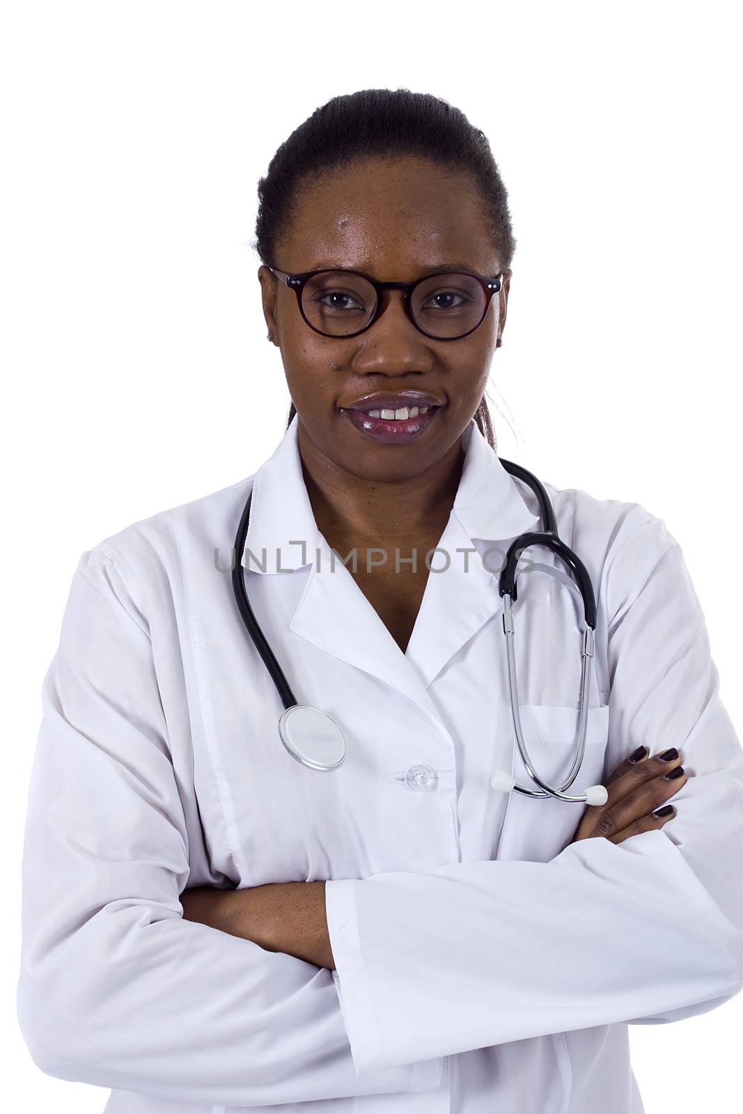 Black female doctor smiling over a white background