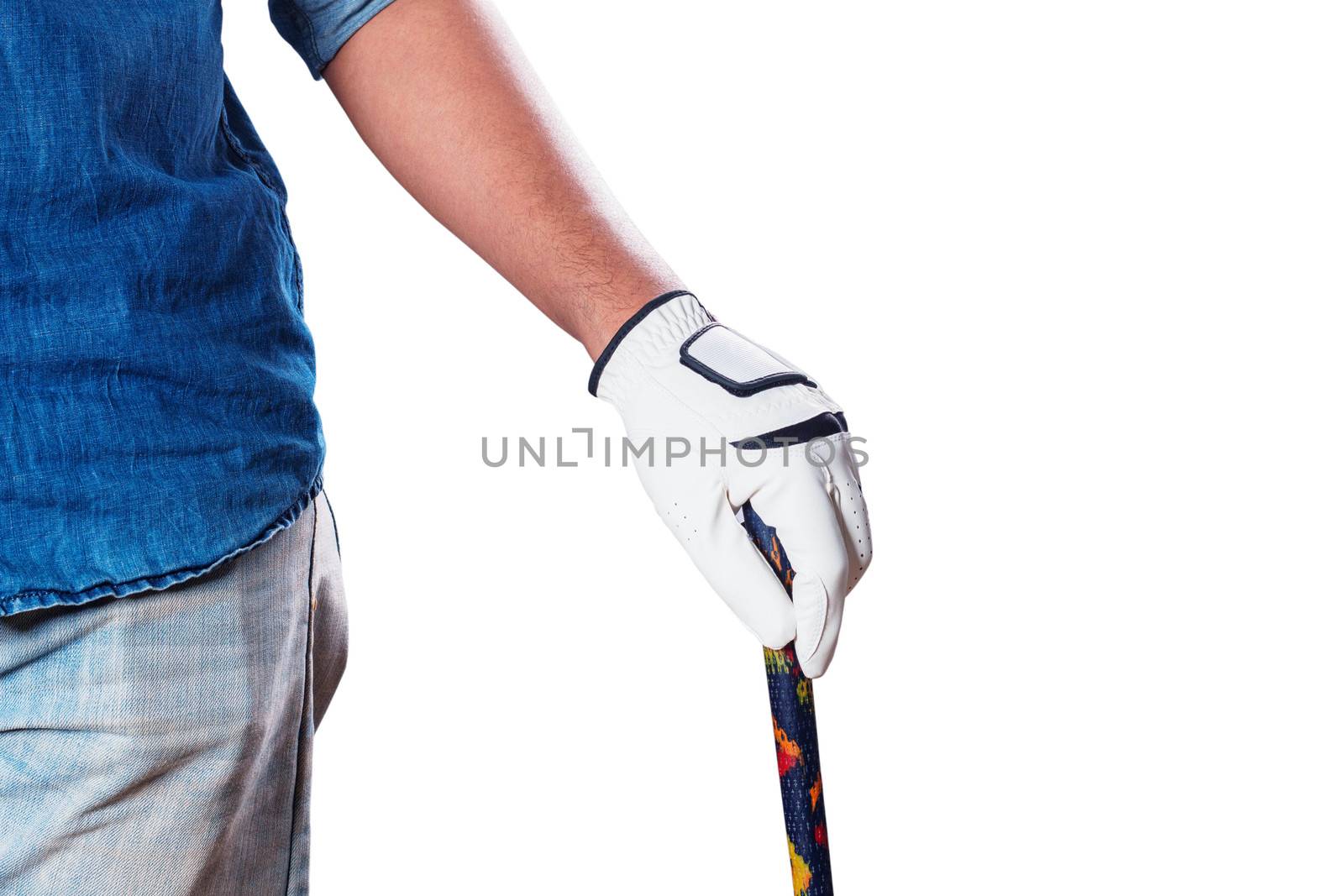 hand of male with golf on a white background.