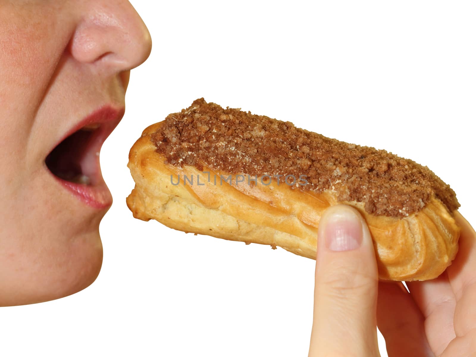 Close up of a young woman eating a cake eclair over white background. by aarrows