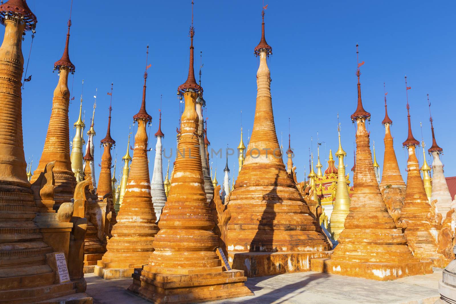 Ruins of ancient Burmese Buddhist pagodas Nyaung Ohak in the village of Indein on Inlay Lake in Shan State, Myanmar, Burma)