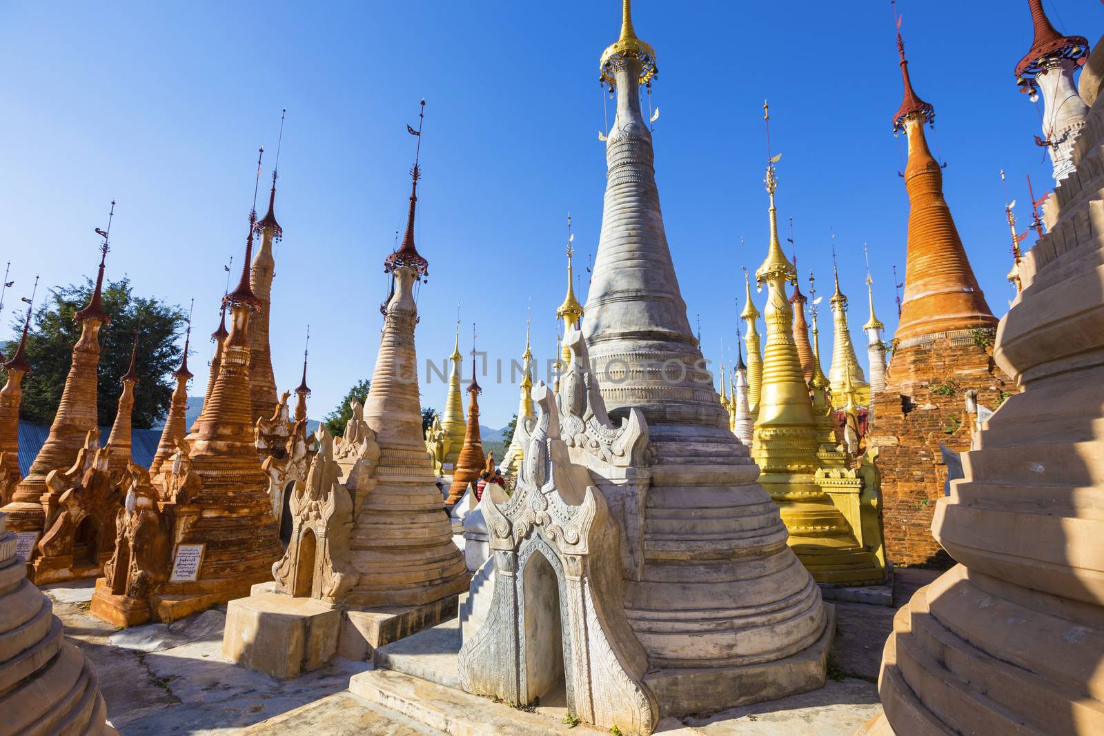 Ruins of ancient Burmese Buddhist pagodas Nyaung Ohak in the village of Indein on Inlay Lake in Shan State, Myanmar, Burma)