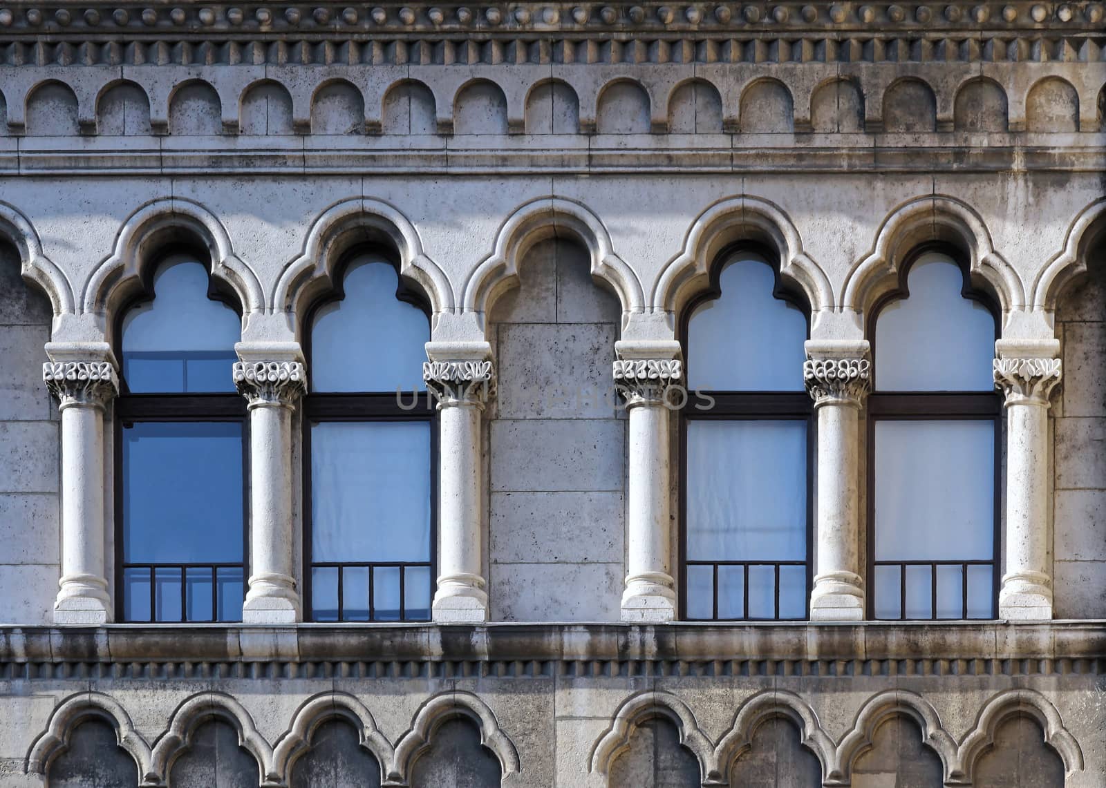 Budapest, Hungary, Buda castle district gothic windows.