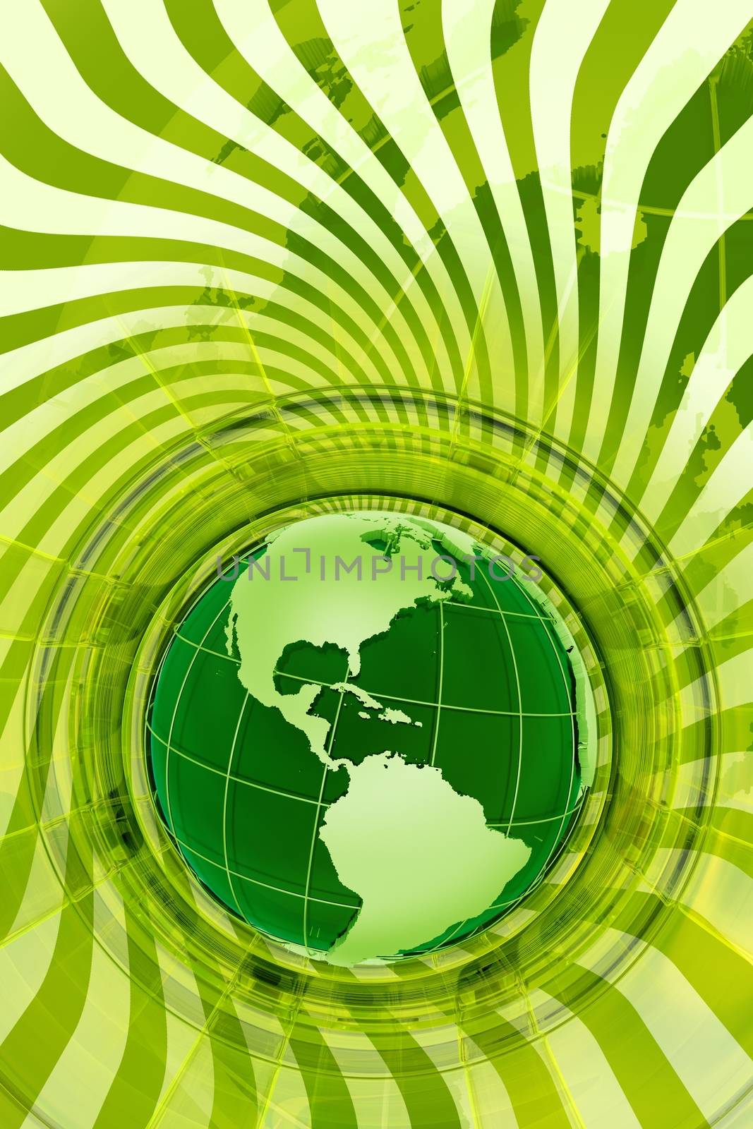 Green Global Design. Perfect Illustration for Global Go Green Movement. Vertical Green Design with Globe Model and Spiral Rays Background.