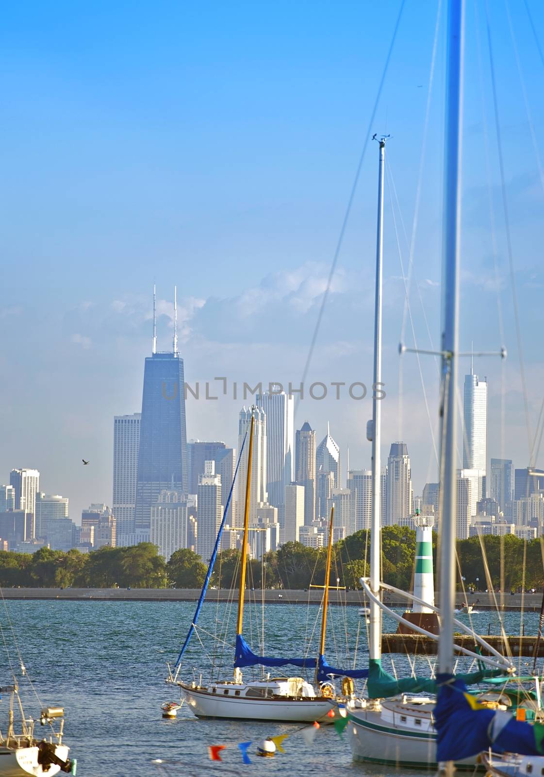 Lake Michigan, Boats and Chicago Skyline in the Background. Lake Michigan - Chicago, Illinois, U.S.A. Vertical Photo.