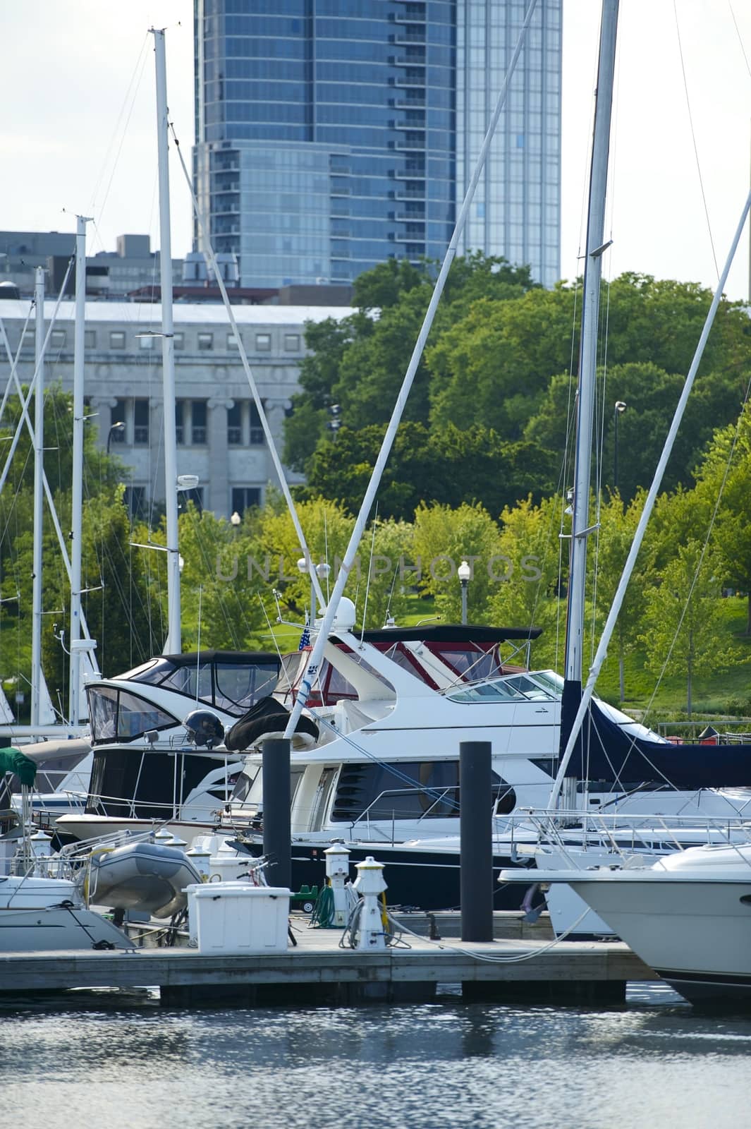 Metropolitan Harbon. Boats Docked. Vertical Photography. Urban Theme. Chicago, Illinois USA.