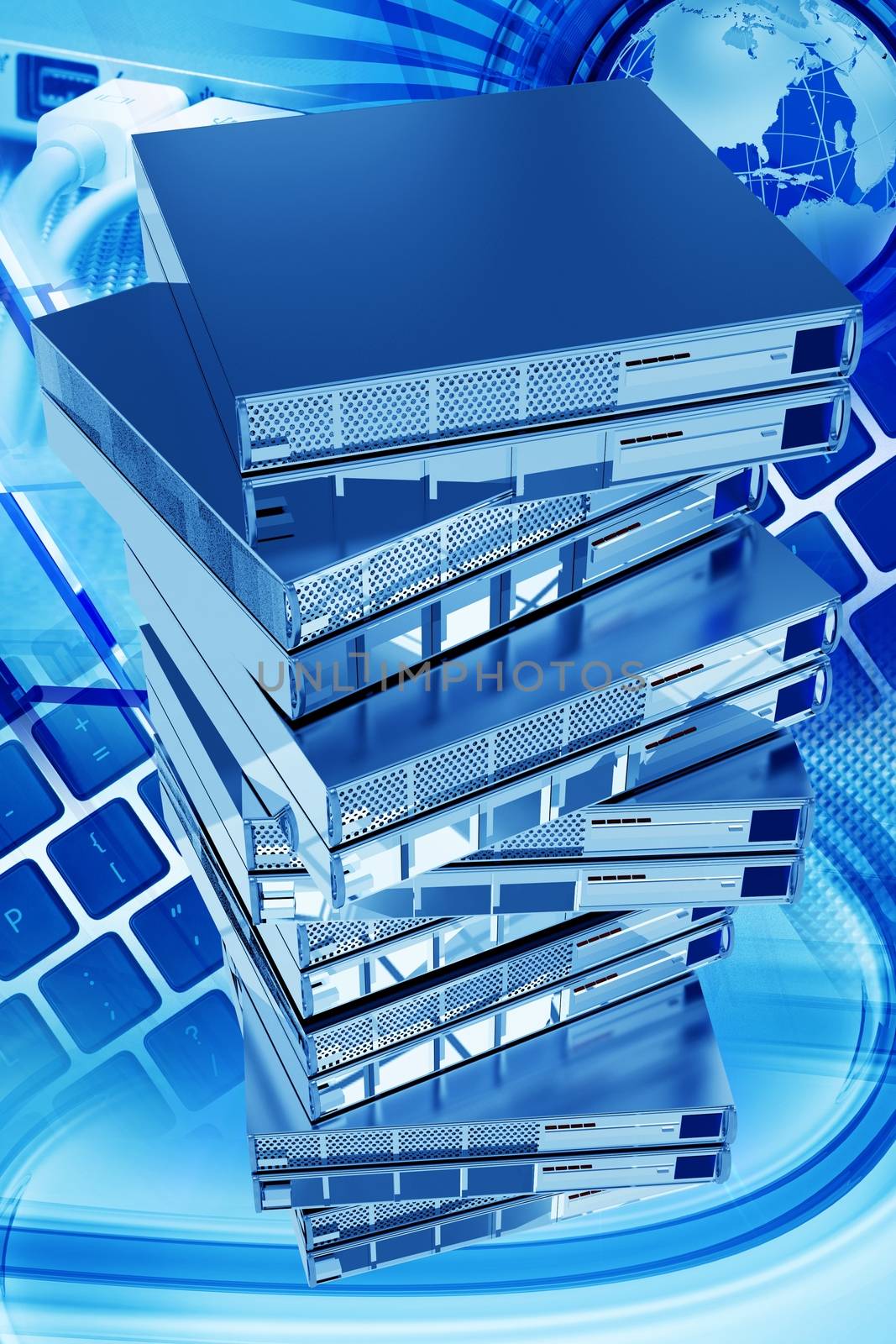 Global Networking Vertical 3D Rendered Illustration. Sixteen Silver Metallic Server Machines Tower. Top View. Cool Global Networking Backround with Keyboards, Globe and Some USB Laptop Connections. Cool Blue Color