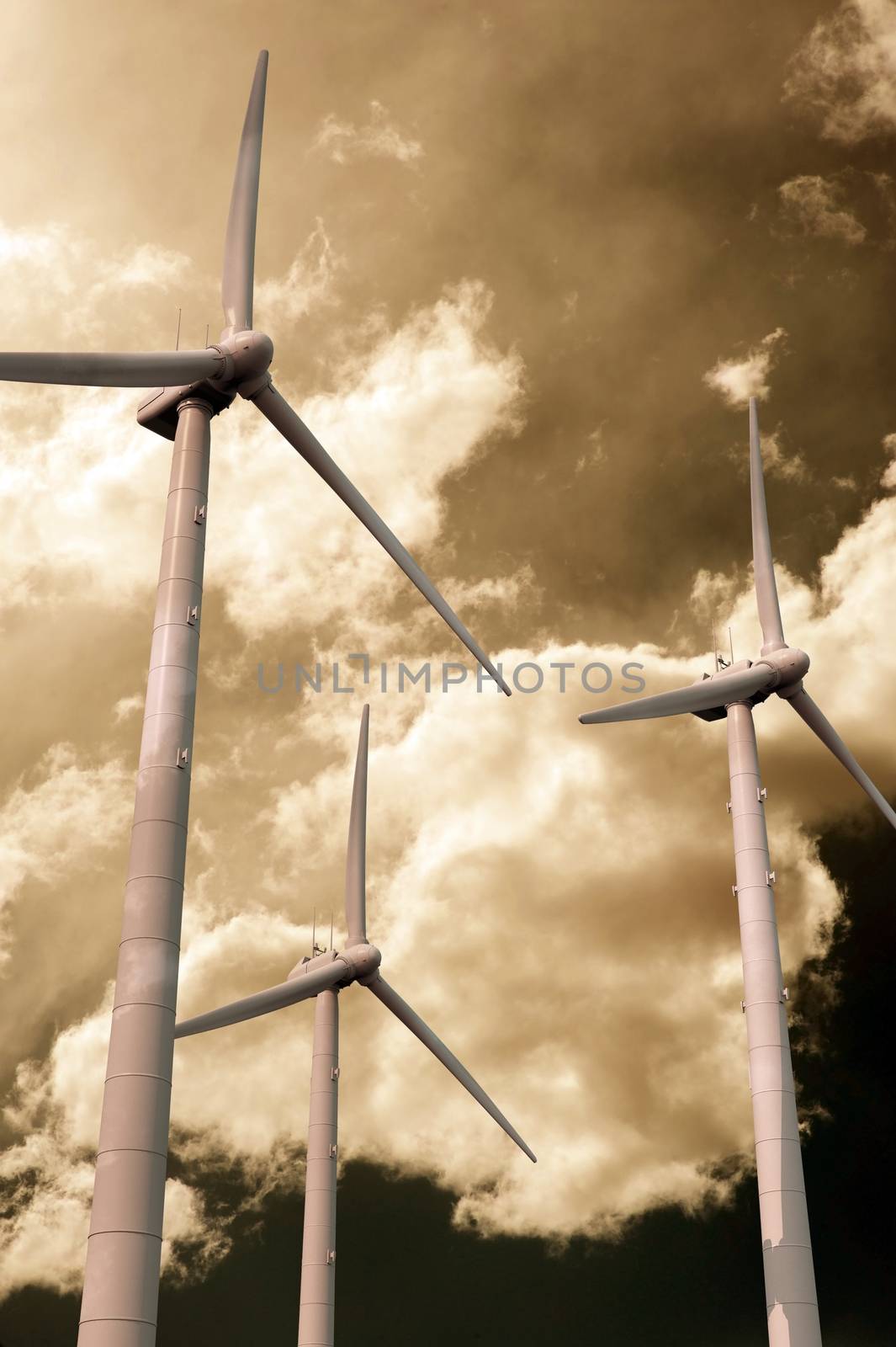 Wind Turbines Sepia Colors. Vertical Illustration. Three Wind Turbines Vertical Illustration.