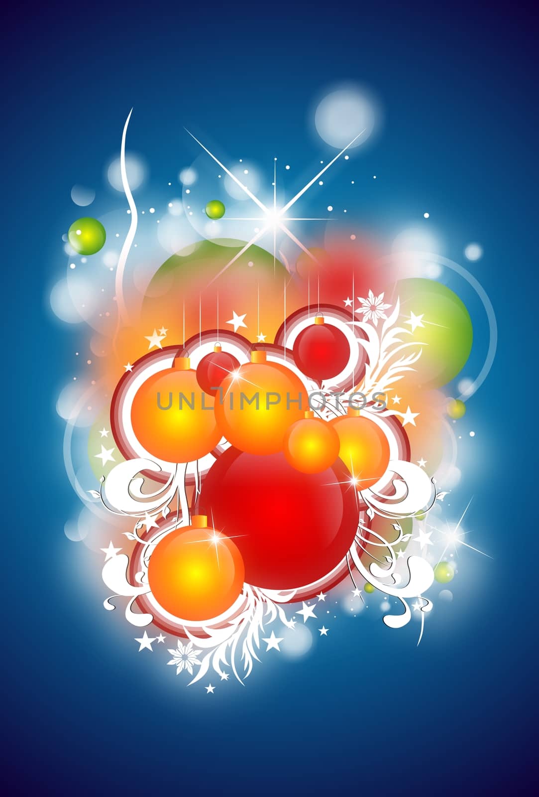 Christmas Abstract Illustration with Christmas Ornaments. Blue Background and Glowing Particles.