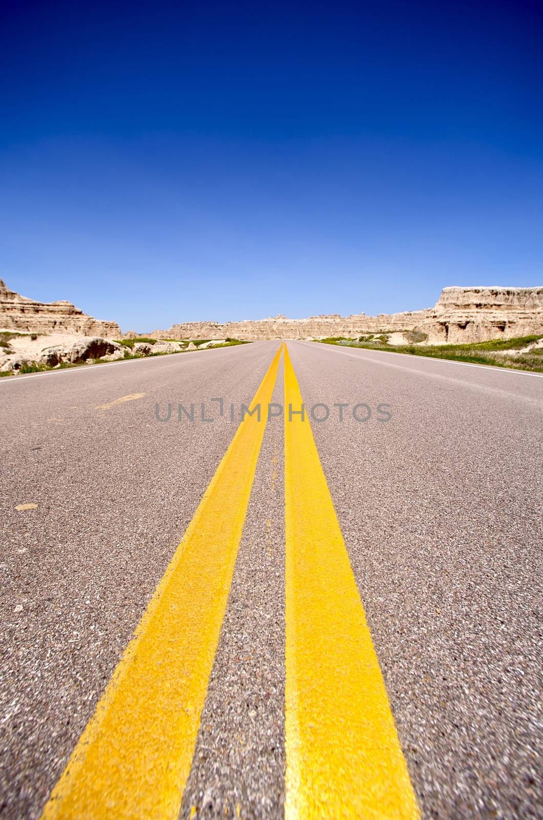 Highway to West. American Highway Thru Badlands. Transportation Photo Collection