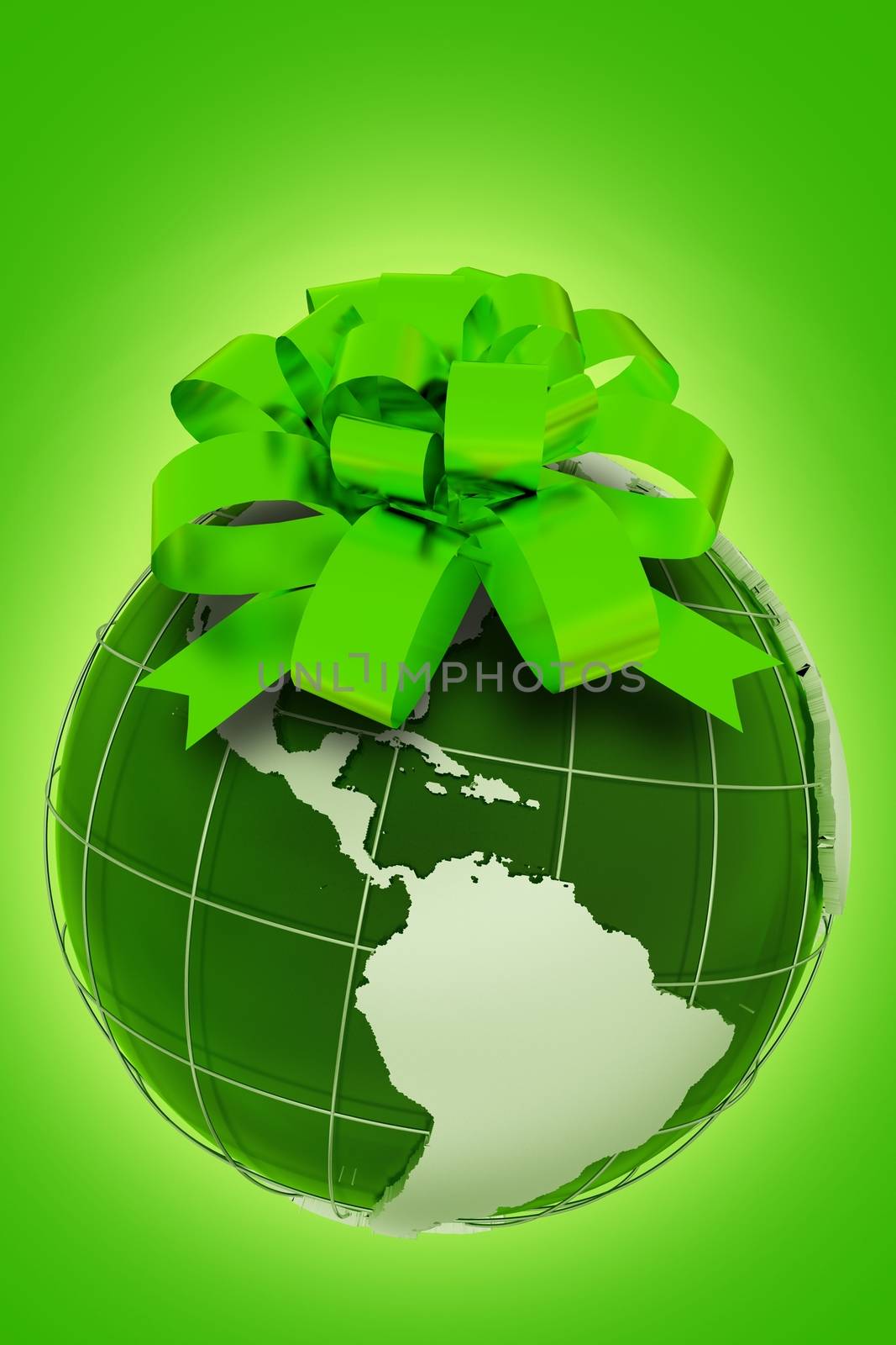 Planet Gift. Green Ecologic Theme with Earth Model with Green Bow. Vertical Eco Design. Glowing Green Background. 3D Render illustration.