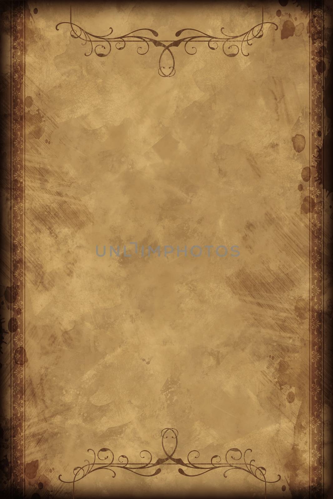 Old Vintage Background - Vertical Design. Old-Fashioned Browny Paper Background with Decorative Floral Elements on Top and Bottom.