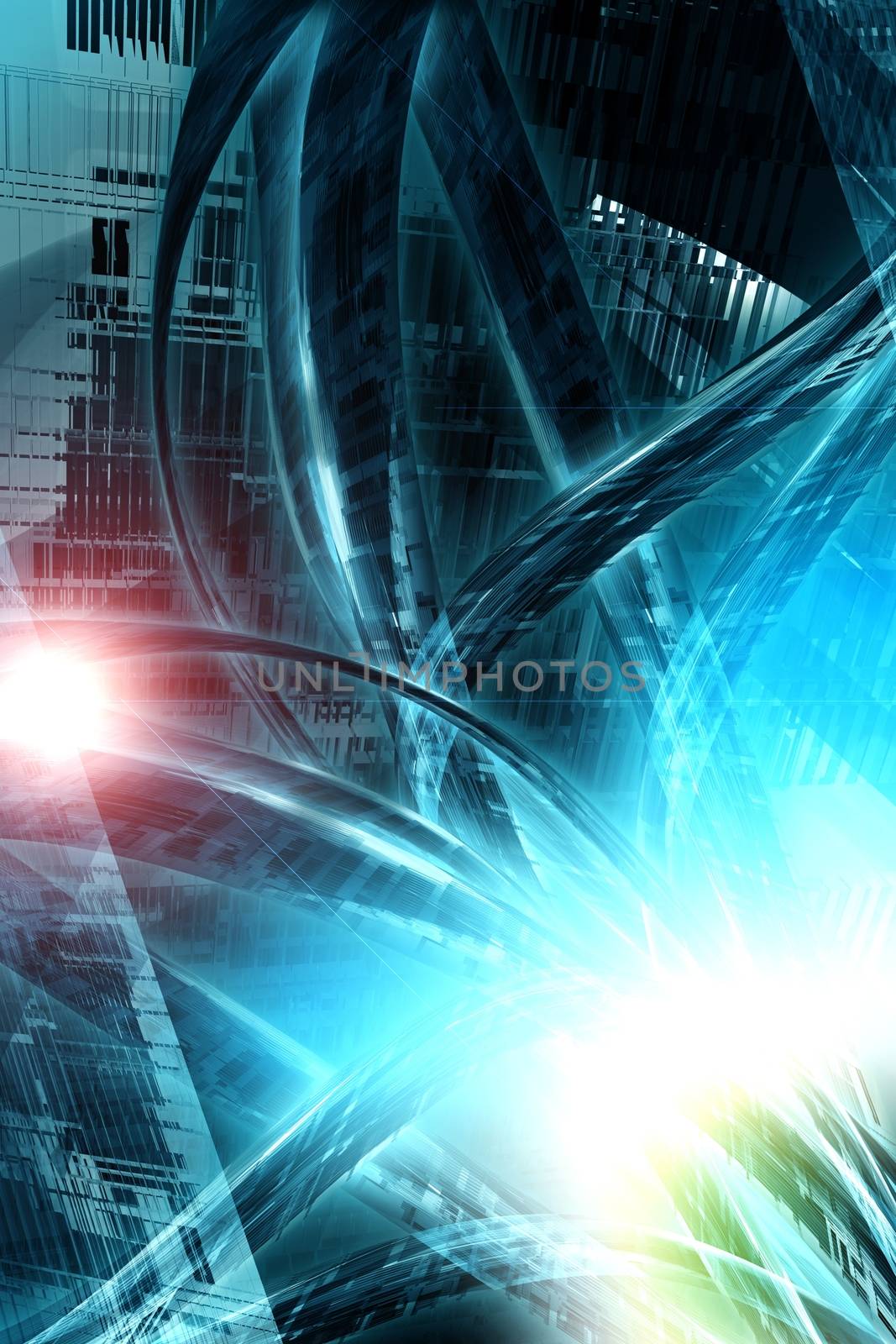 Digital City - Abstract Hi-Tech Concept with Large Data Cables and Flares. Great for Hosting Artwork Background or Logistic Companies. Vertical Design.