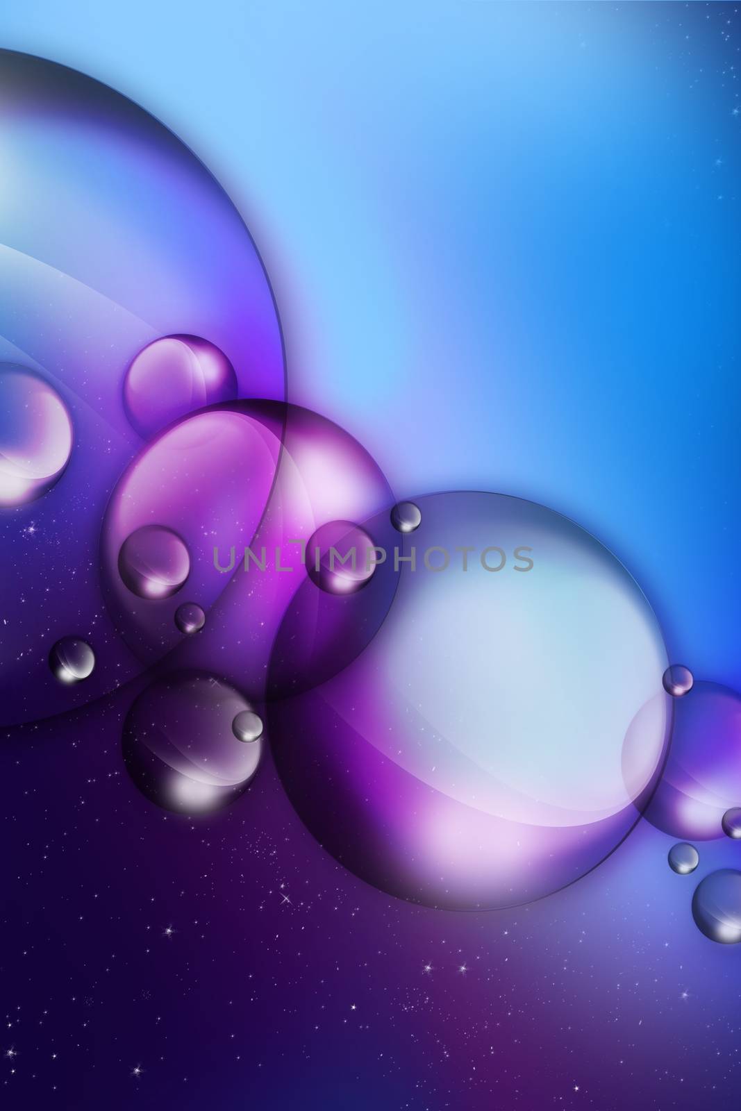 Fantasy-Abstract Illustration / Background. Glassy Space. Glassy Planets, NIght Sky and Baby Blue Copy Space Top. Vertical Illustration.