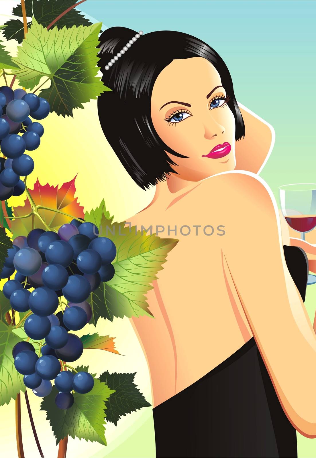 Woman in Winery Between the Grapes. Woman with Wine in Glass Tasting Wine. Vineyard Raster Illustration.