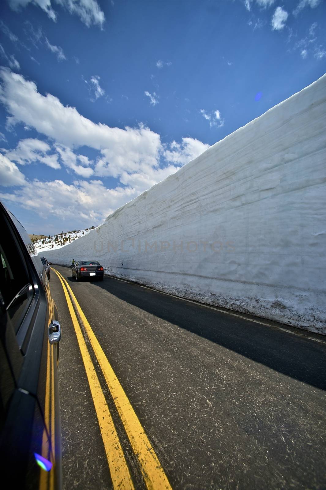 Roadside Snow Wall. Steep Slopes - Heavy Snowfields. Rocky Mountains National Park, Colorado USA. Early June.