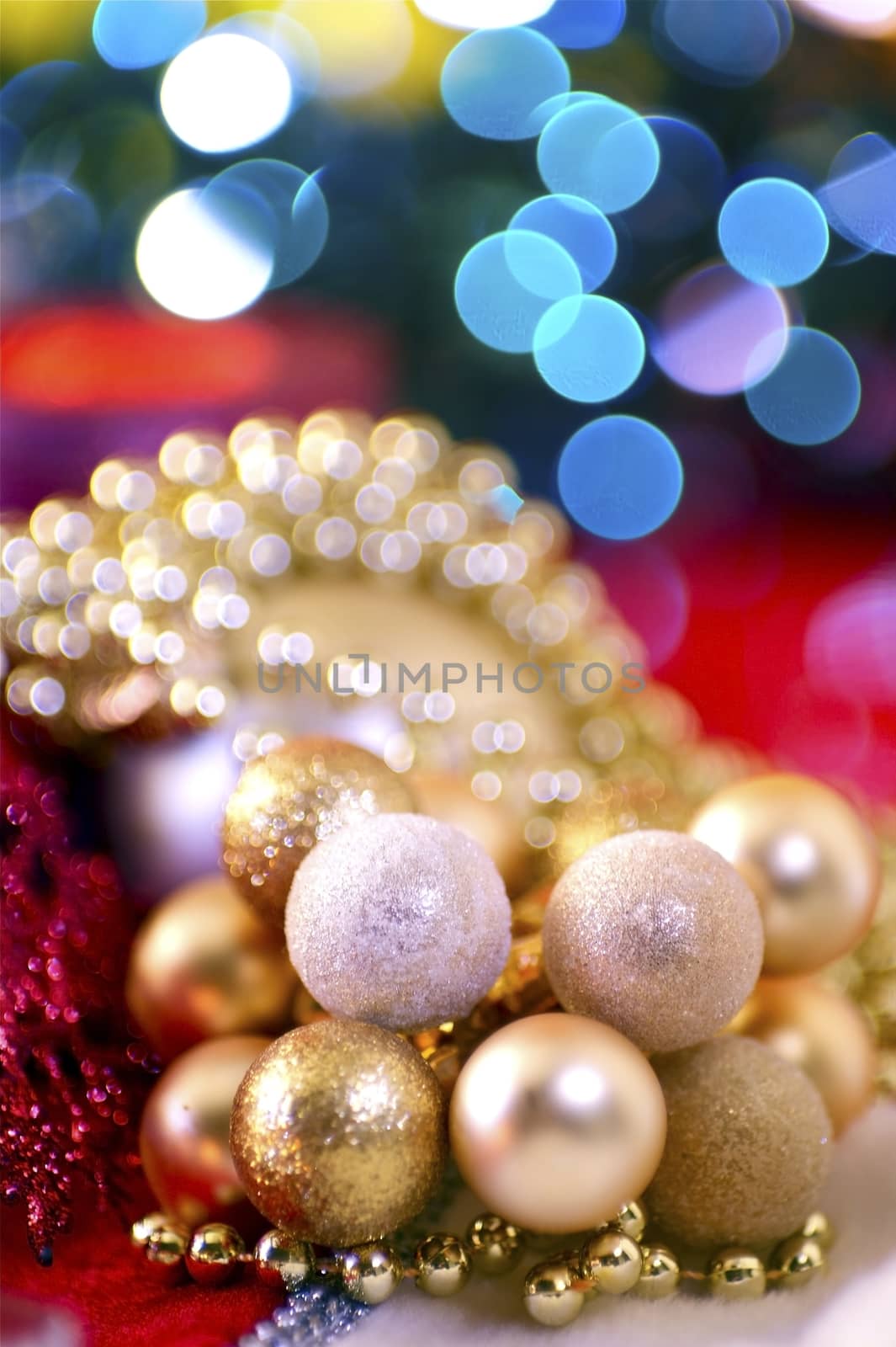 Holiday Golden Ornaments and Blue Christmas Lights. Christmas Photo Collection.