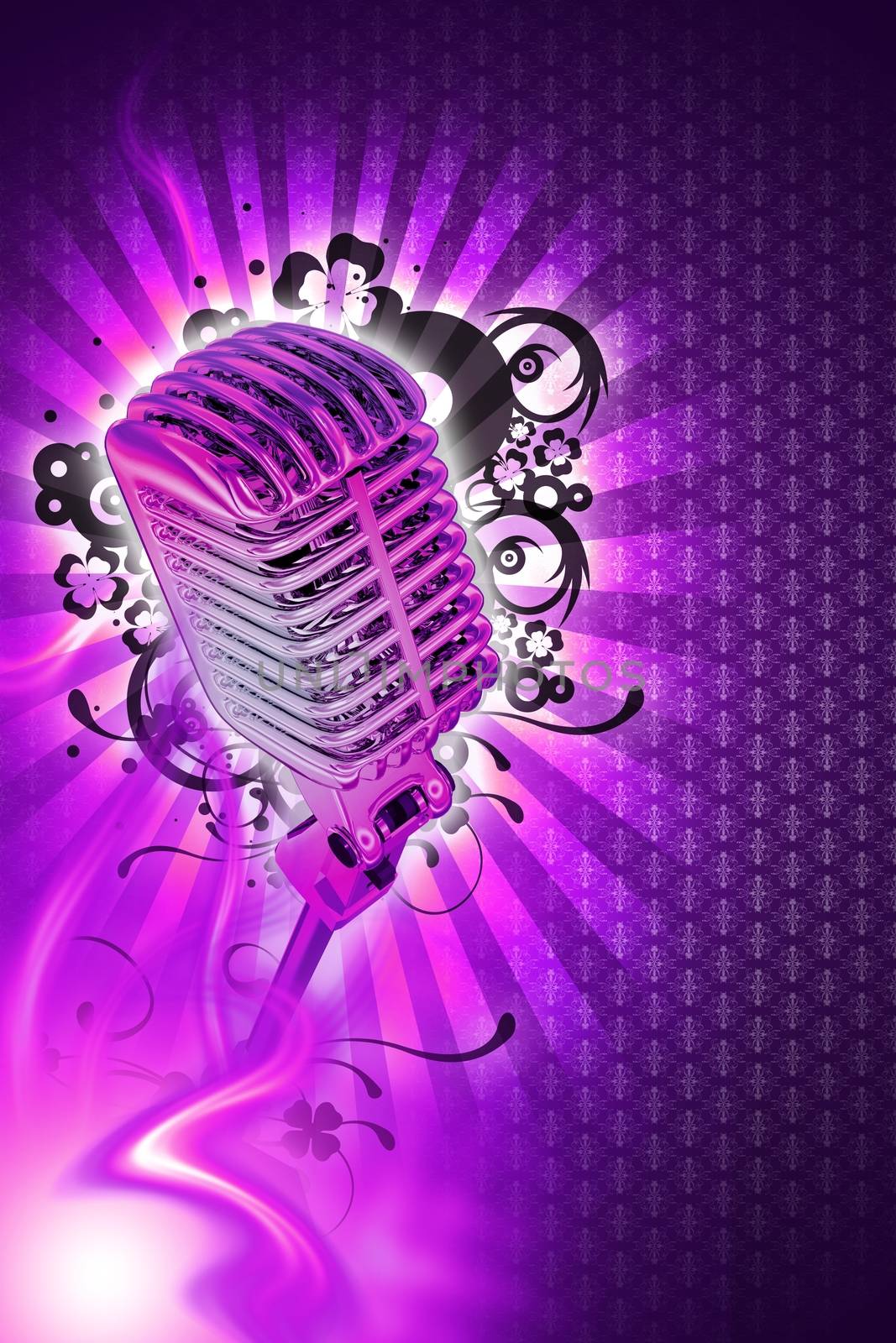 Pinky Karaoke Design. Karaoke Music Theme. Cool Pinky-Violet Background with Light Rays, Flames and Floral Ornaments and Cool Silver Retro Style Microphone. Vertical Design.