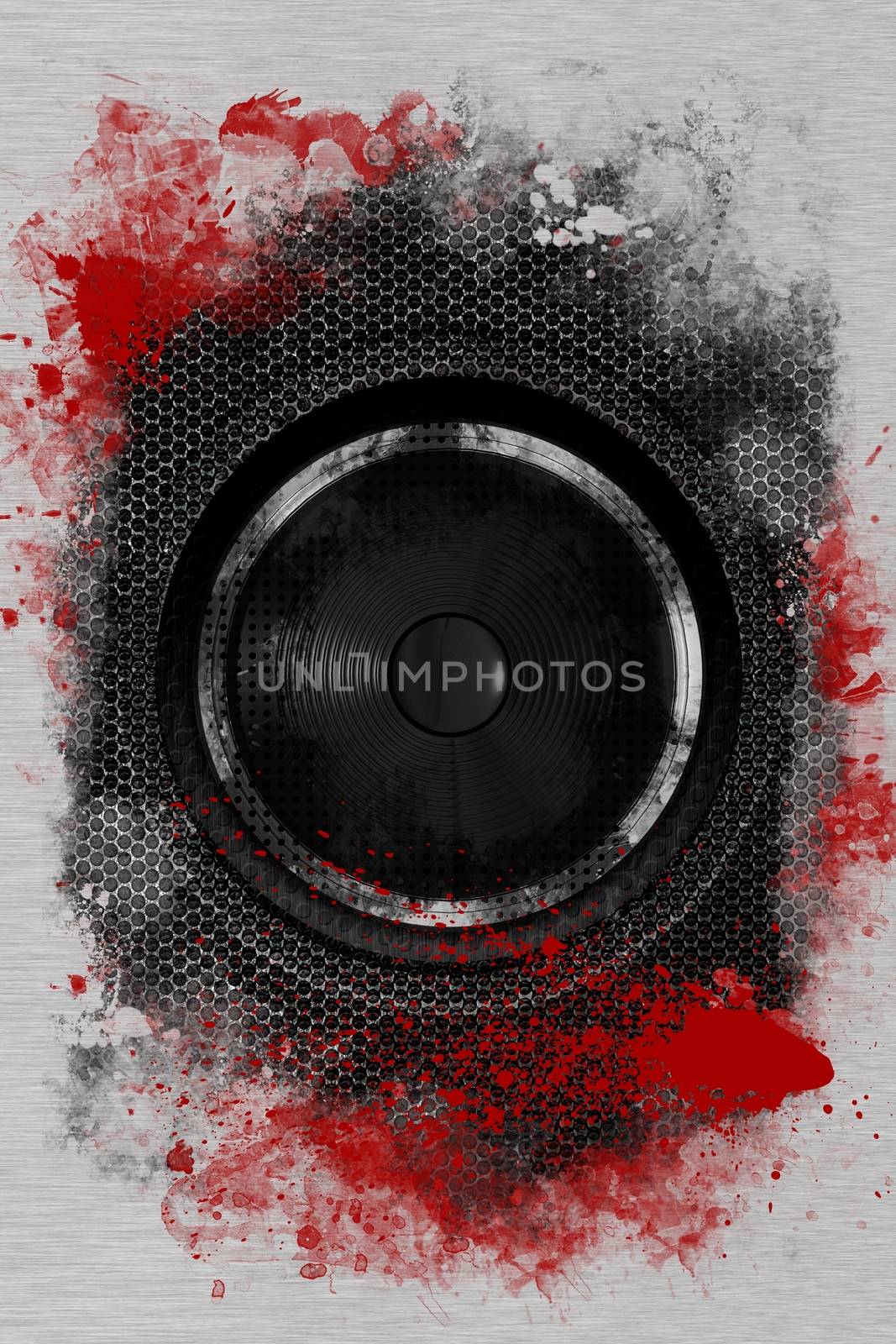 Hardcore Rock Bass Speaker. Cool Grunge Black Bass Speaker with Damaged Metal Sheets and Red Paint. Cool Background for Your Music Event Posters, Flyers and more!