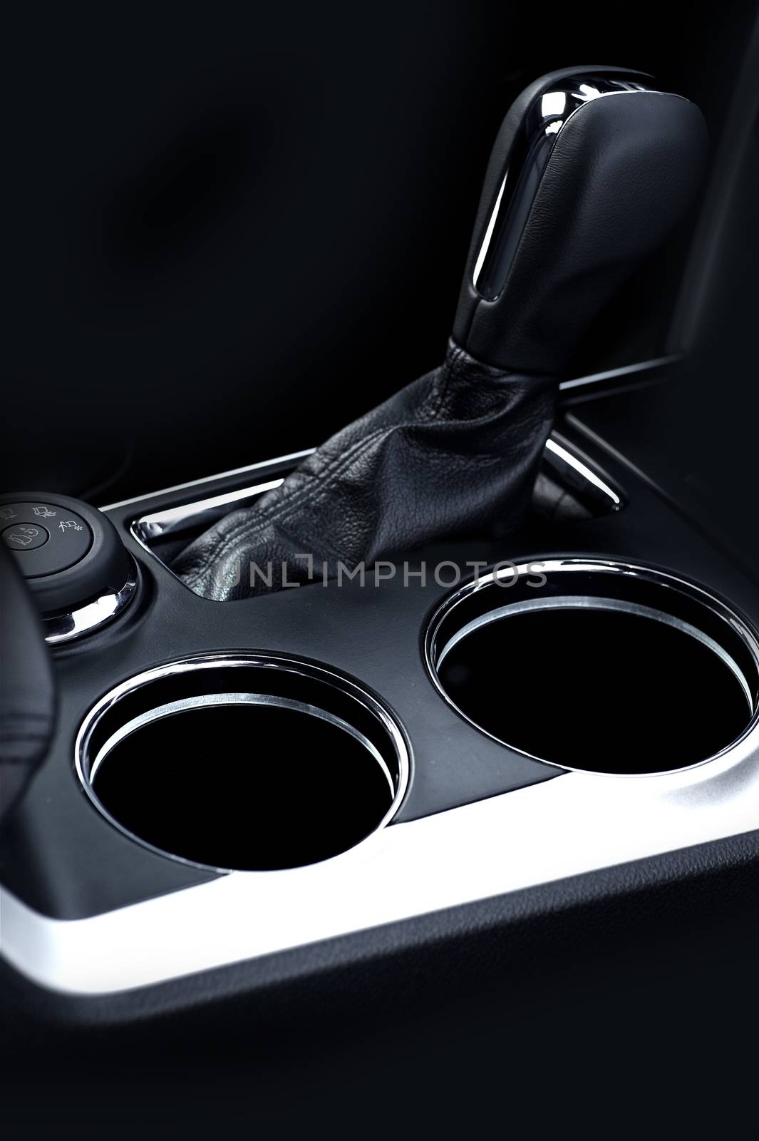 Gear Stick For Automatic Transmission and Cup Holders. Modern Vehicle Interior Design.