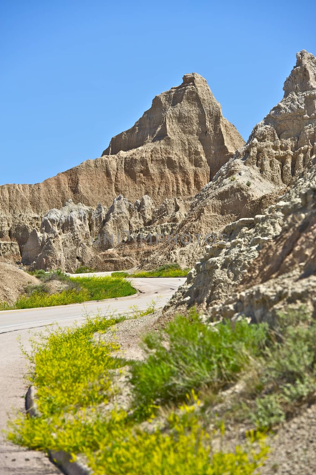 Road Thru Badlands Landscape. Badlands National Park, SD, USA. Vertical Badlands Photo.