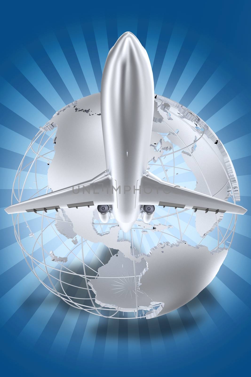 Airlines Theme. SShiny Silver Globe with Flying Airplane Logo/Symbol. Blue Background with Light Rays. 3D Render Illustration.