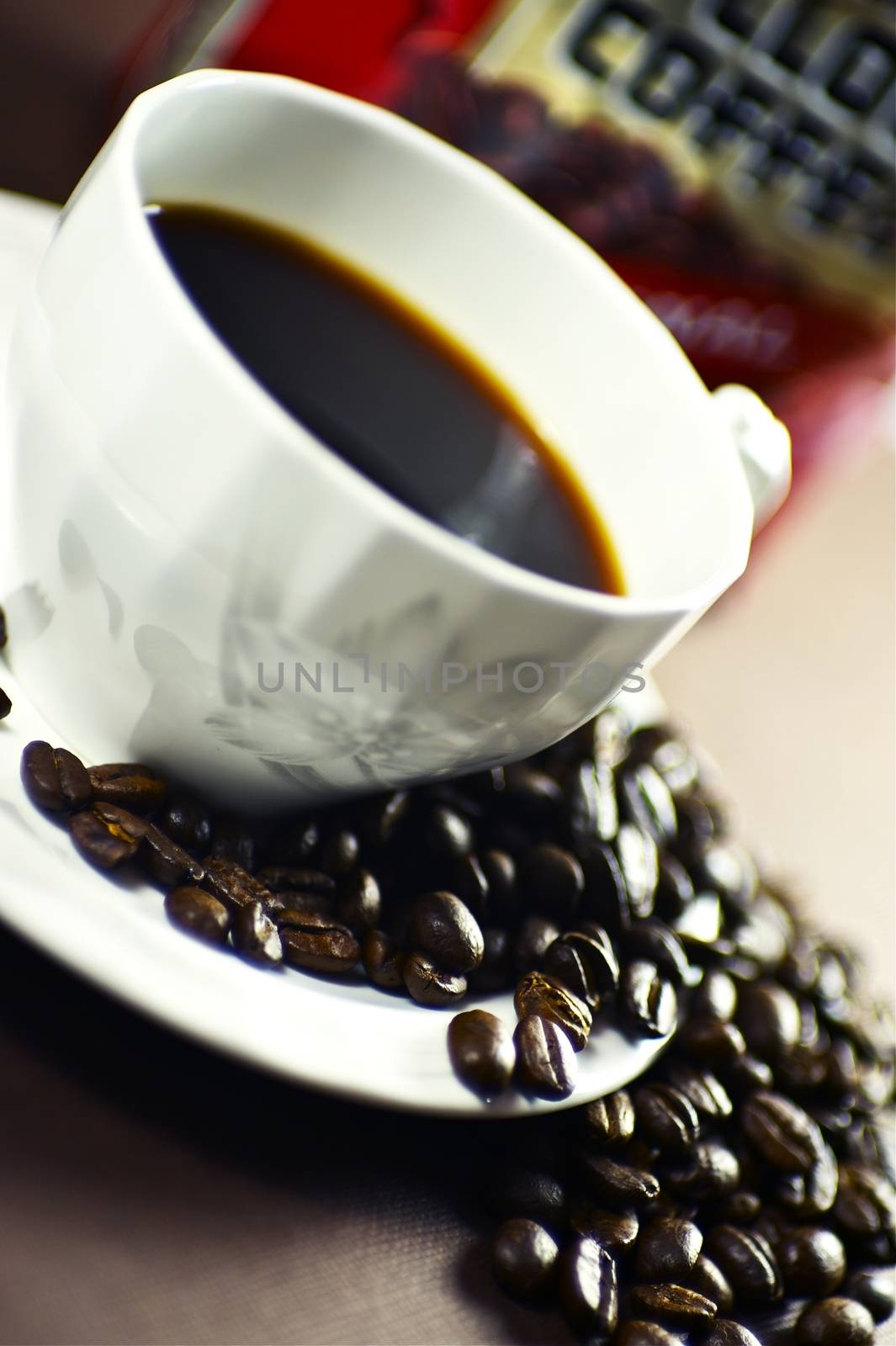 Coffee Break. Hot Coffee Cup and Coffee Beans. Restaurant Interior. Angle Photo.