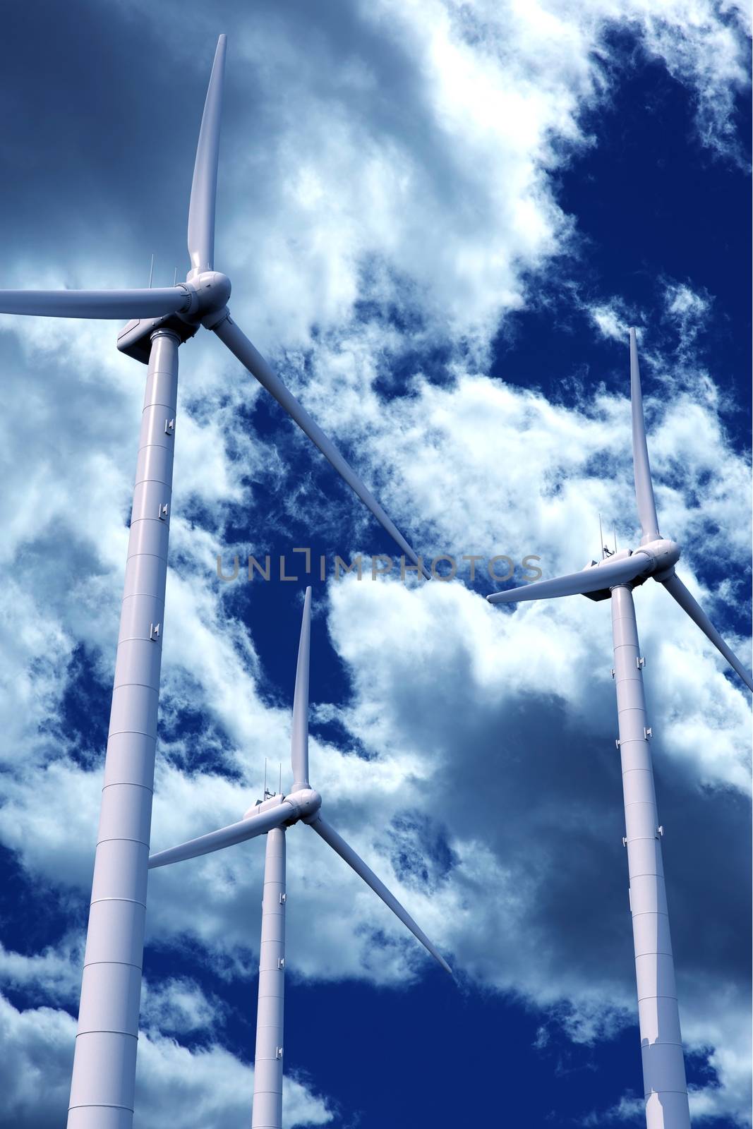 Three Modern Wind Turbines on Cloudy Blue Sky. Vertical Illustration. Green Energy - Alternative Energy Theme