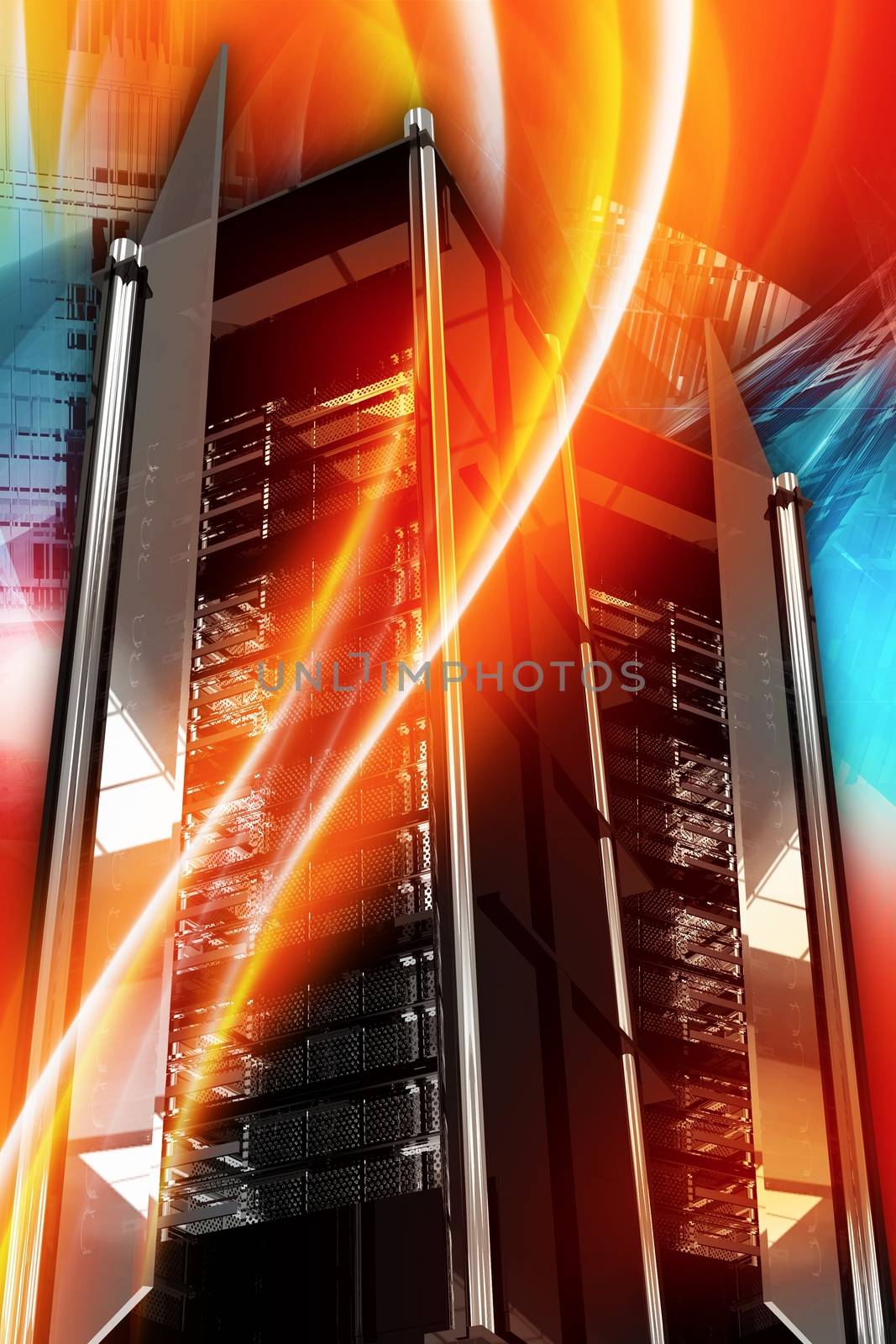 Hottest Server Deals. Hosting and Networking Theme. Cool Colorful Vertical Hosting Theme with Server Racks and Burning Orange-Red Wavy Ornaments. Hot Servers 3D Rendered Illustration.