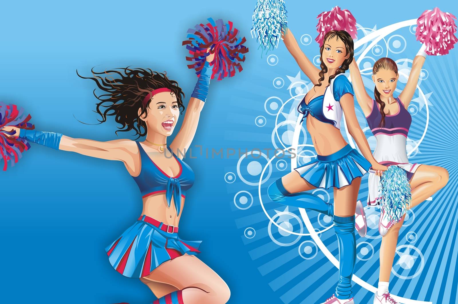 Dancing Cheerleader Girls on the Blue Background. Some Ornaments in the Back. This is Illustration. Three Cheerleaders.