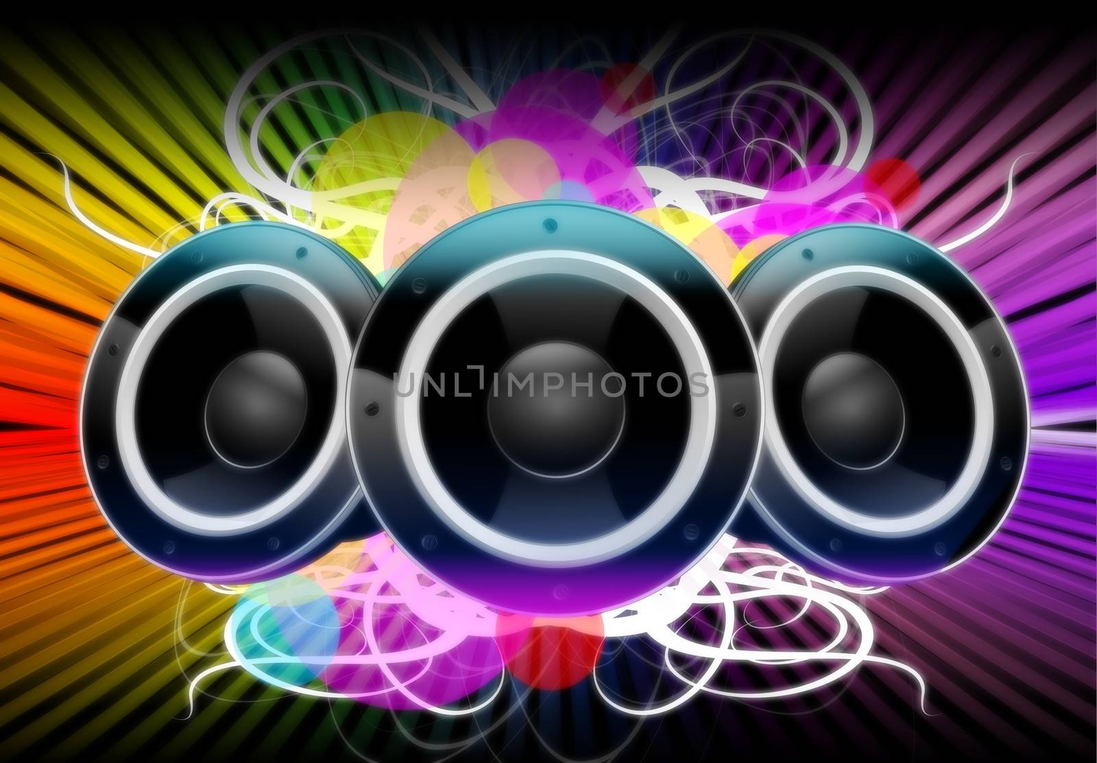 Illustration: Colors of Music. Cool Music Theme with Three Speakers, Floral Elements and Colorful Background.