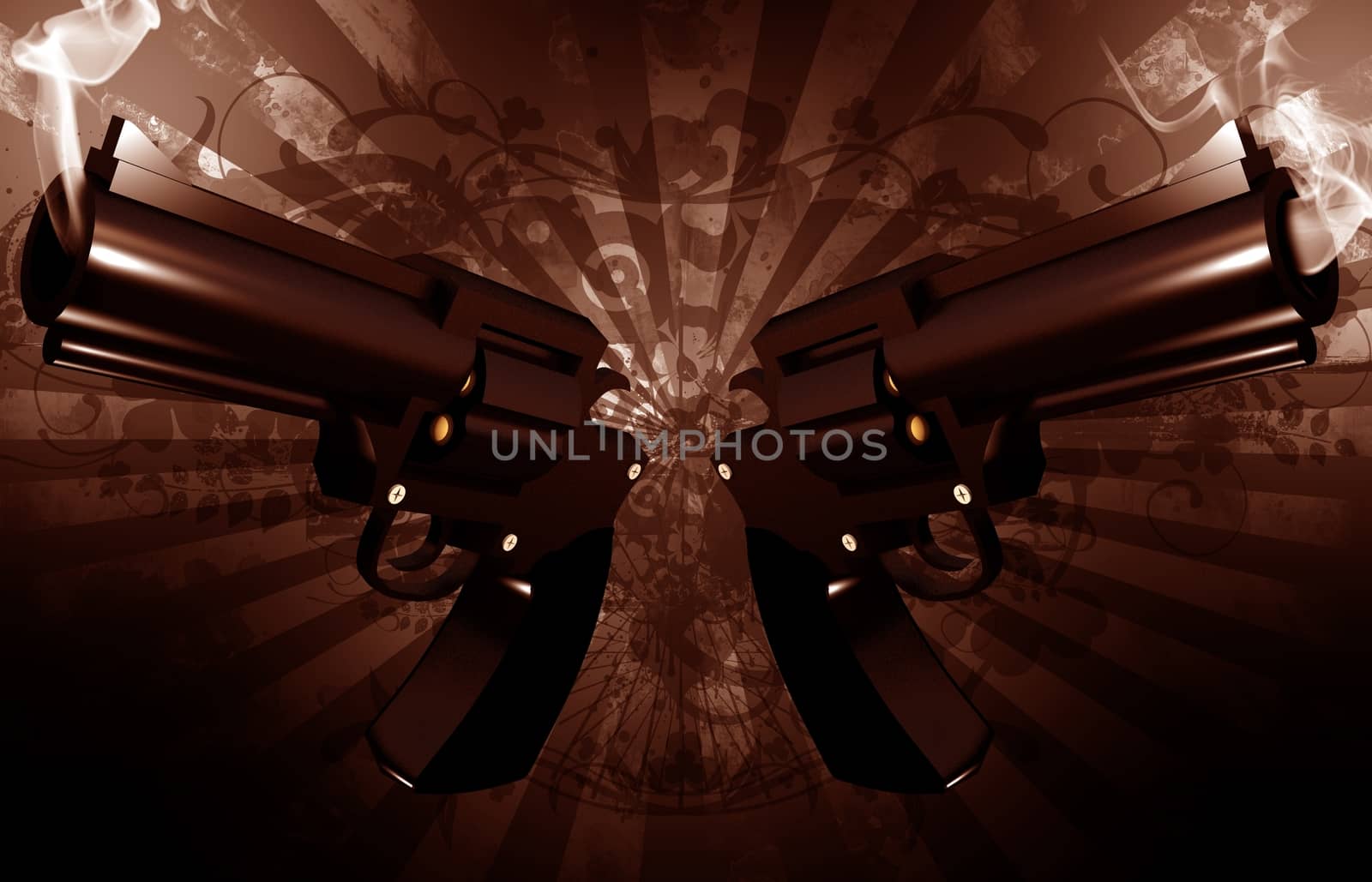 Grunge Revolvers - Gangsta Theme. Grunge Dark Brown Background with Dirty Rays and Two Smoking Gangsta Revolvers. Cool Outlaw Theme. Horizontal 3D Render Illustration.
